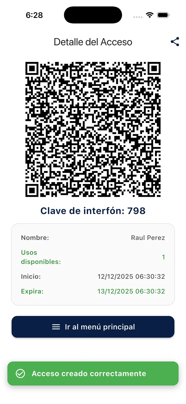 App Doorly: código QR creado con clave de interfón