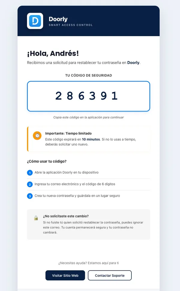 Correo de Doorly con el código de seguridad