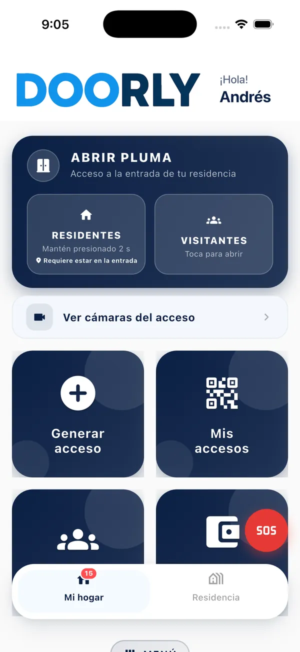 App Doorly: botón Residentes para abrir la pluma