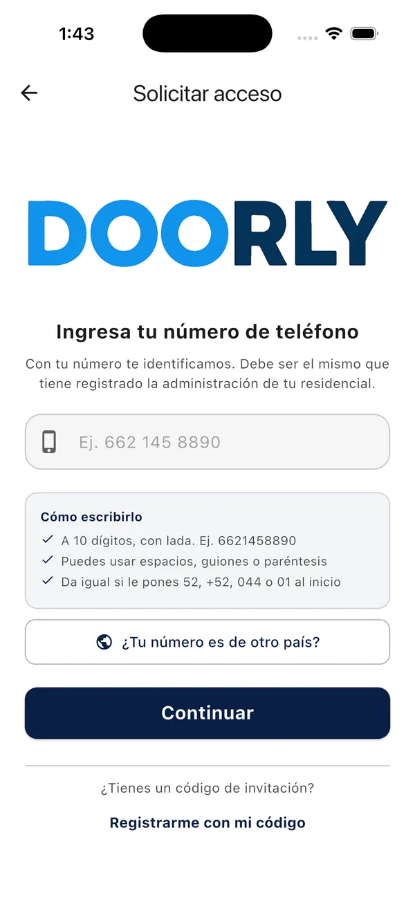 App Doorly: registrarse con el número de teléfono registrado por la administración