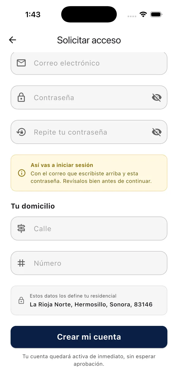 App Doorly: domicilio y botón Crear mi cuenta