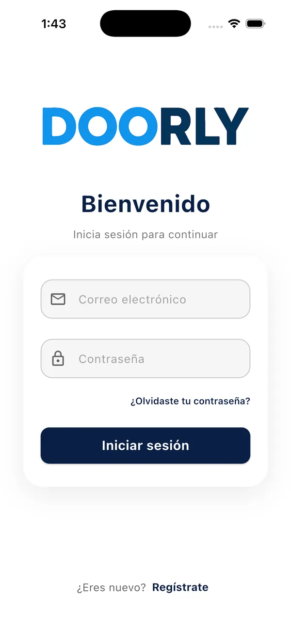 App Doorly: pantalla de inicio de sesión con el enlace Regístrate