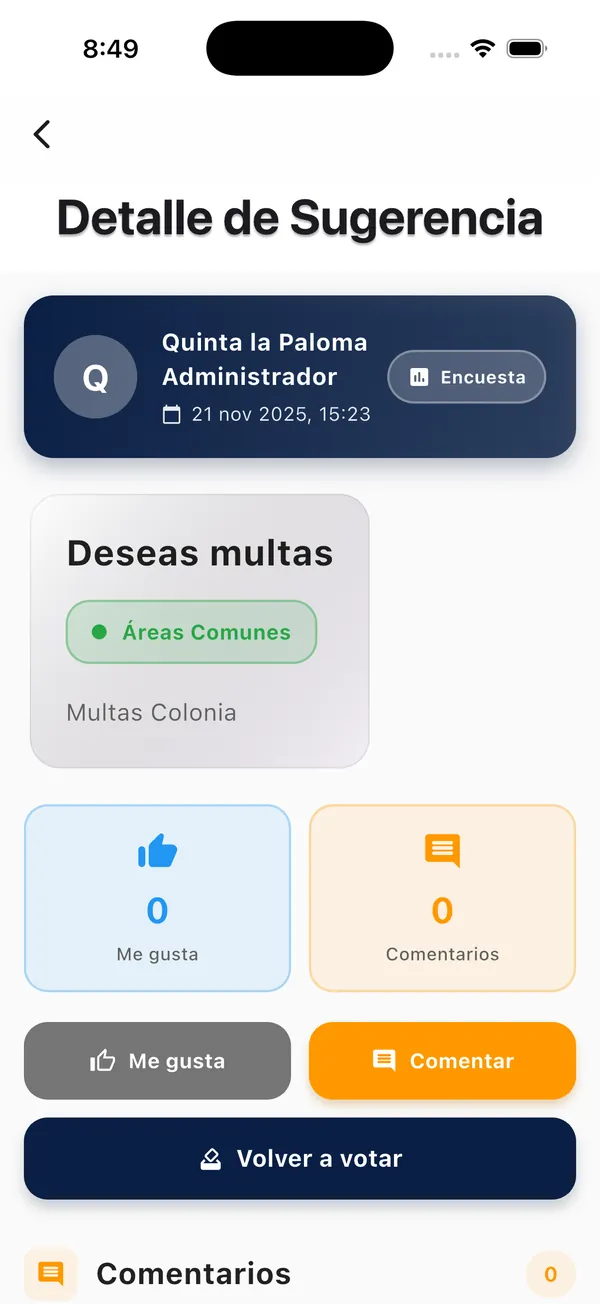 App Doorly: detalle de una sugerencia con encuesta