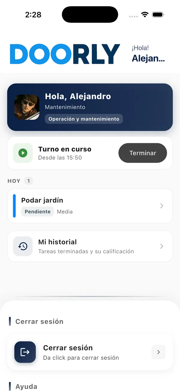 App Doorly para colaboradores: turno en curso y tareas del día