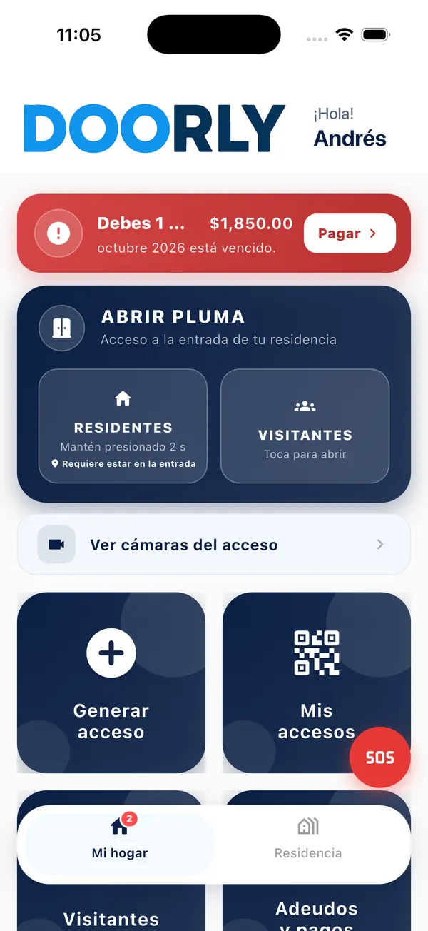 App Doorly: aviso de cuota vencida en el inicio del residente
