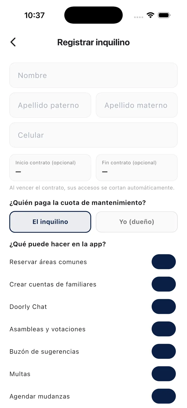App Doorly: registrar inquilino y elegir sus permisos