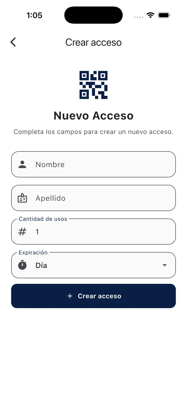 App Doorly: formulario para crear un nuevo acceso