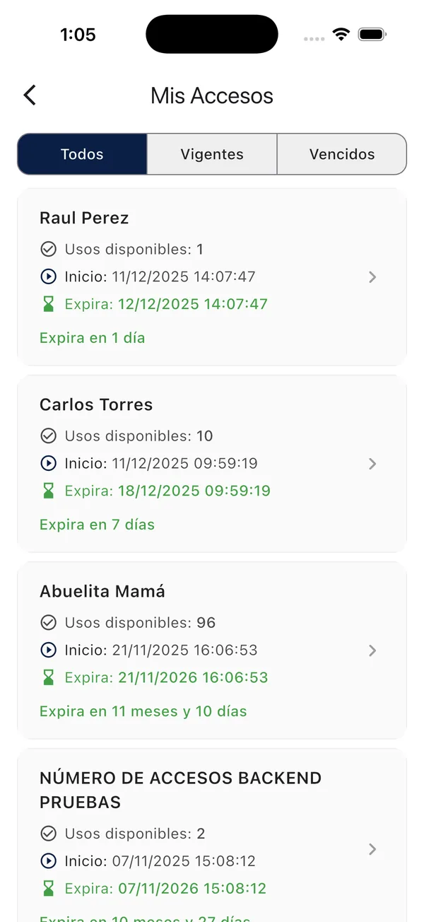 App Doorly: lista de accesos vigentes y vencidos
