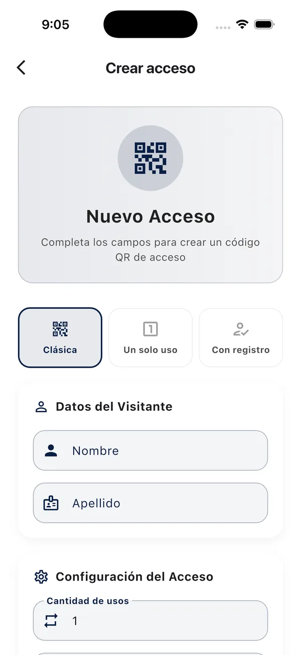 App Doorly: elegir entre acceso clásico, de un solo uso o con registro