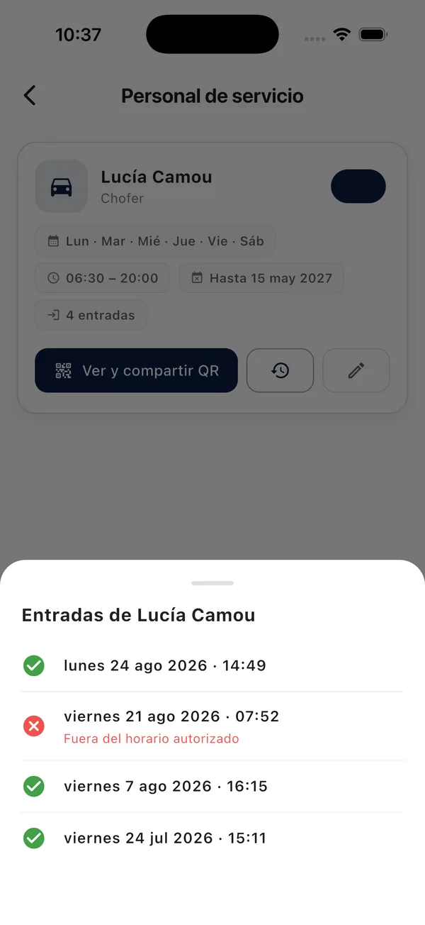 App Doorly: entradas del personal de servicio, una rechazada por estar fuera de horario