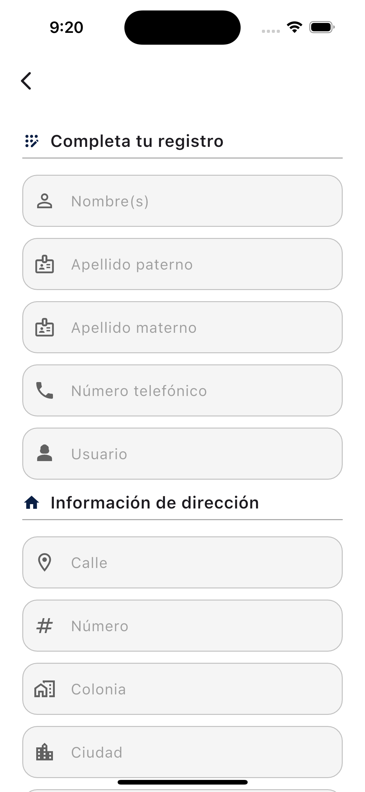 Pantalla de registro
